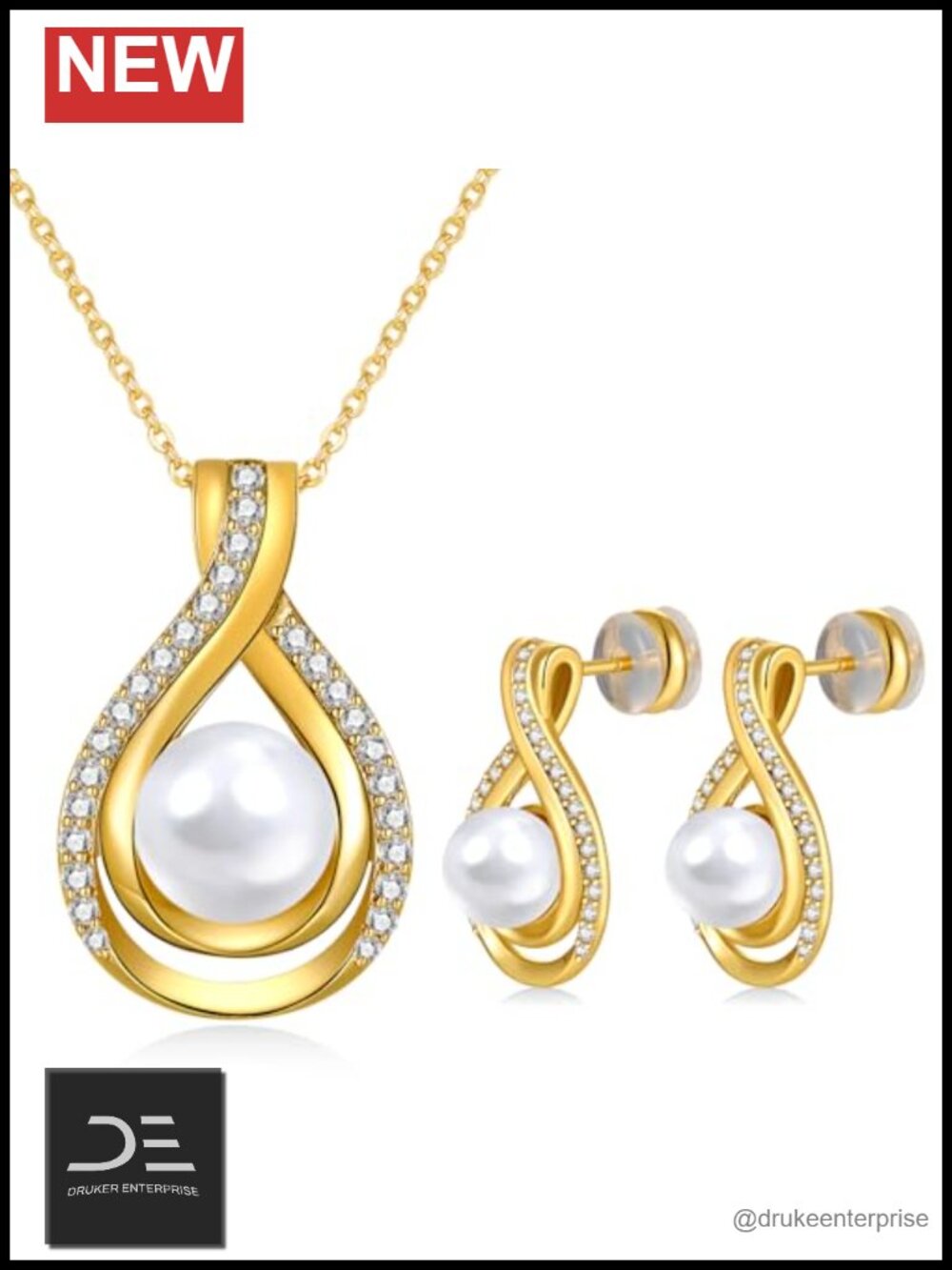 Infinity Pearl Necklace Earrings Set Sterling Silver 18K Gold Plated